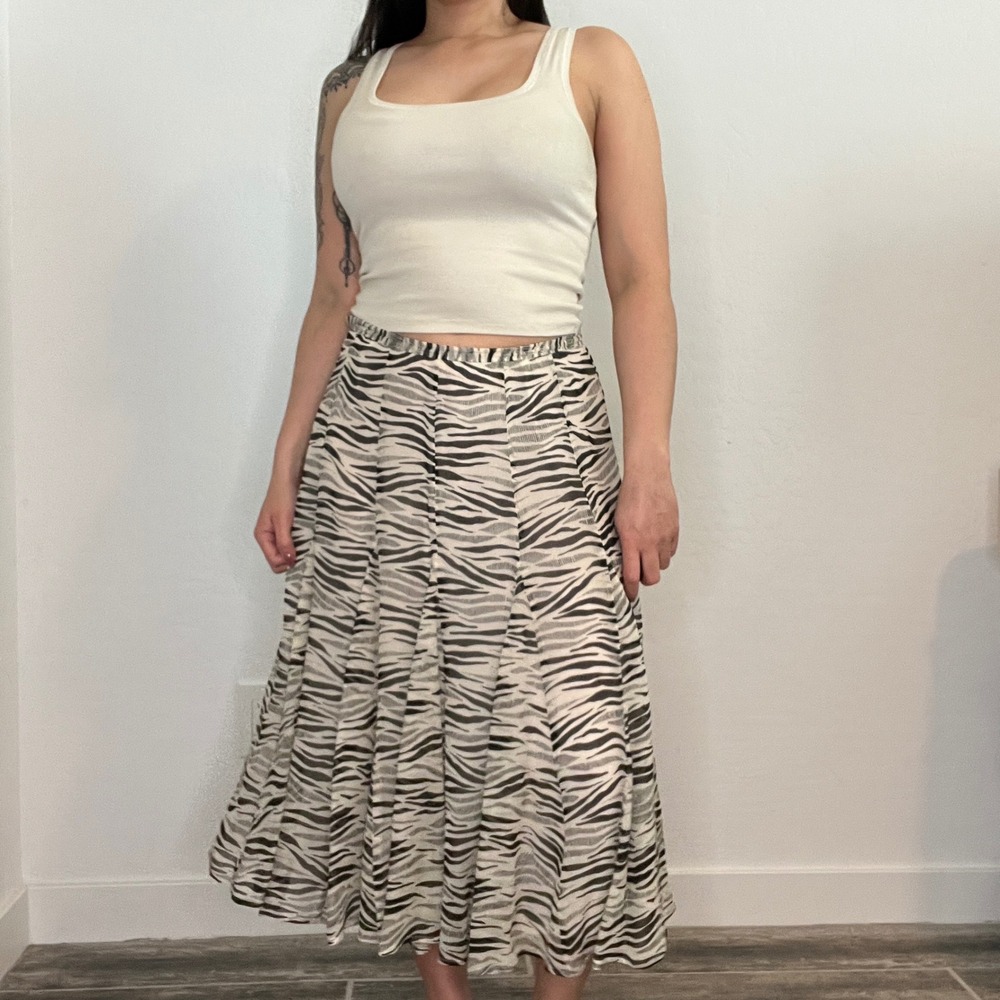 Valerie Stevens Silk Zebra‎ Print Chiffon Midi Skirt Black White Pleated A-Line